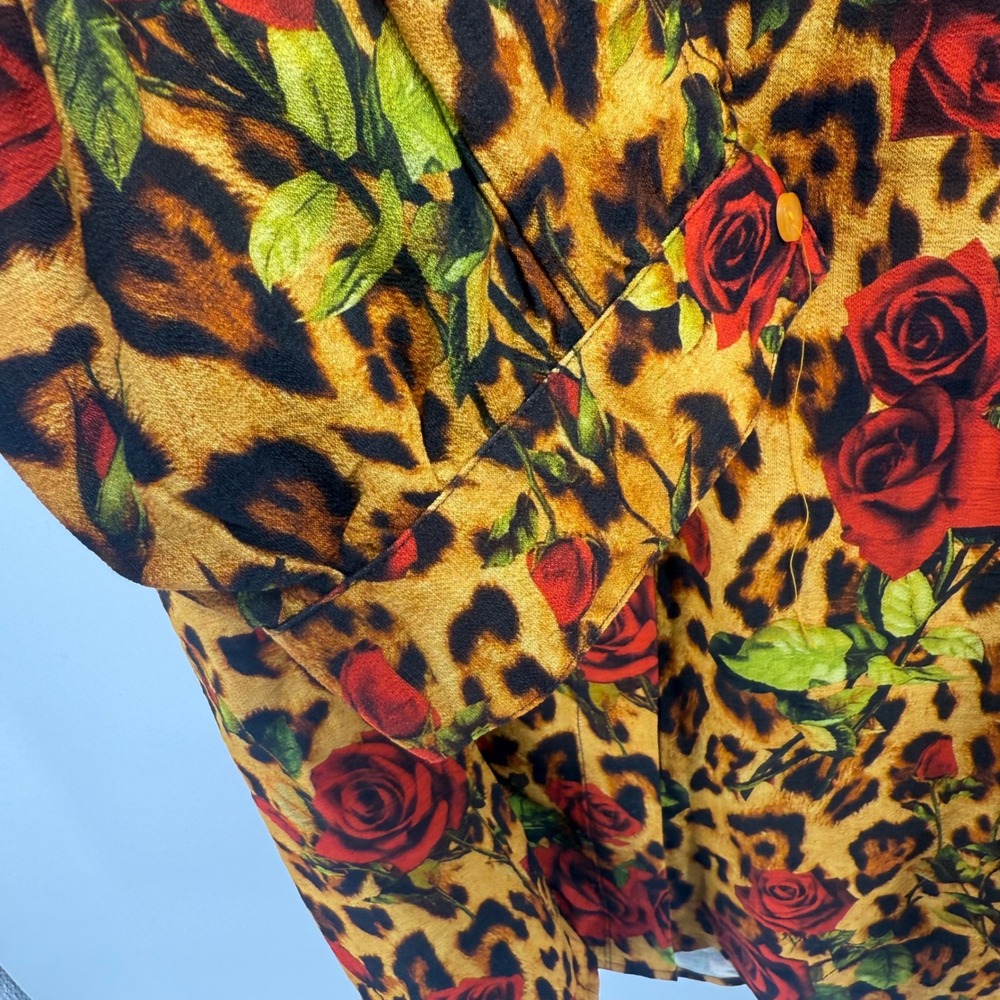 Boho Chic Leopard Rose Print Button Down Long Sle… - image 3